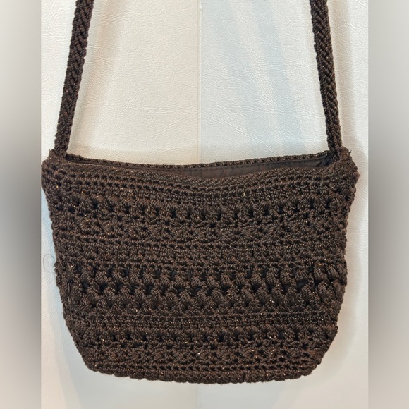 The Sak Handbags - The Sak Crochet Woven Dark Brown Crossbody Shoulder Bag With Metallic Thread